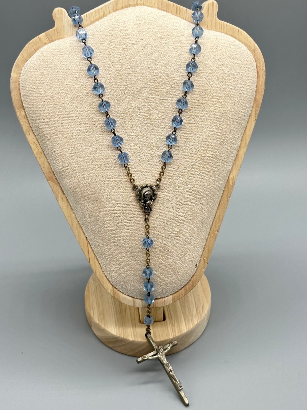 Vintage Blue Glass Rosary Crucifix Prayer Beads Catholic Religious 19"